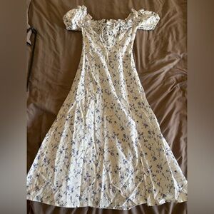 Miss Circle Floral Cream and Blue Short-Sleeve A-Line Dress